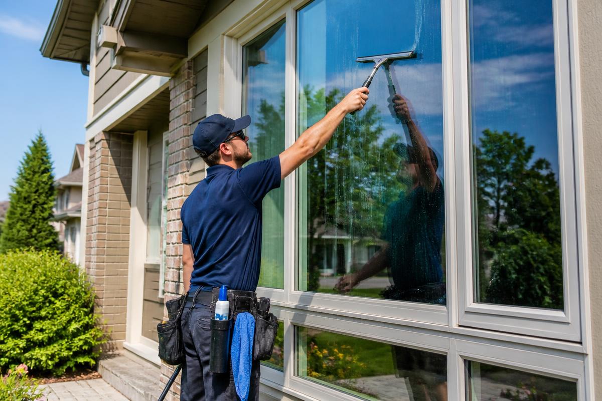 Technician squeegeeing a large residential window clean